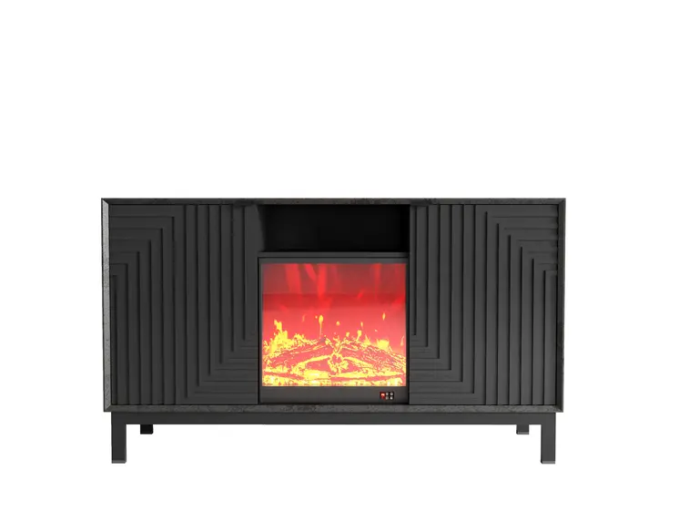 58" Black Ribbed Texture Wood Enclosed and Open Storage TV Stand With Fireplace