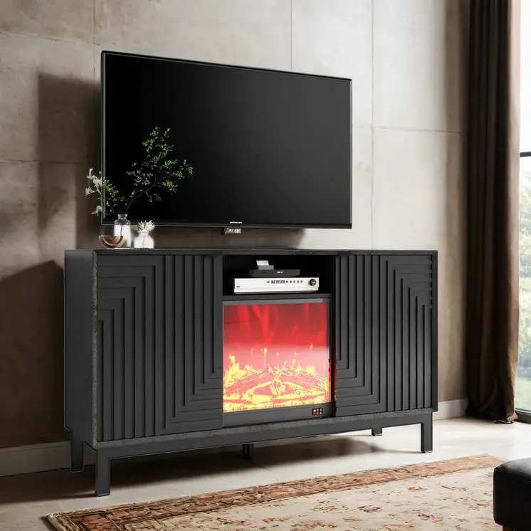 58" Black Ribbed Texture Wood Enclosed and Open Storage TV Stand With Fireplace