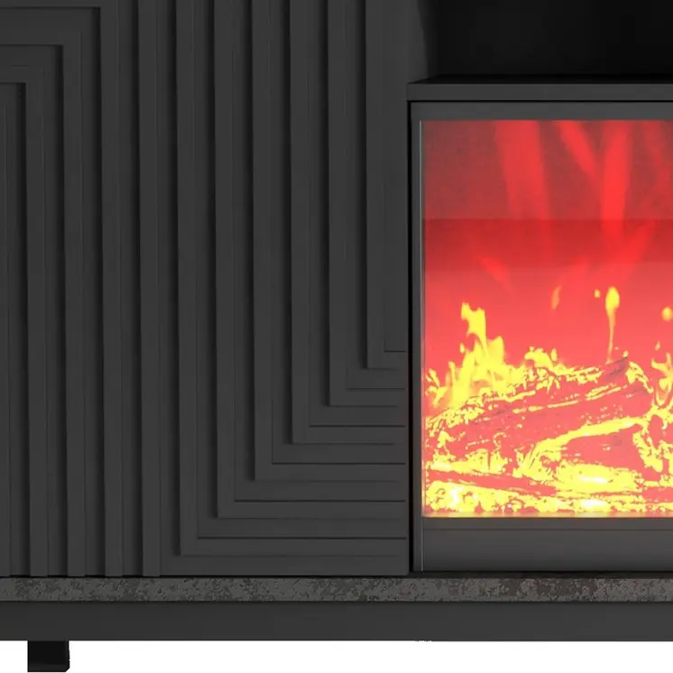 58" Black Ribbed Texture Wood Enclosed and Open Storage TV Stand With Fireplace
