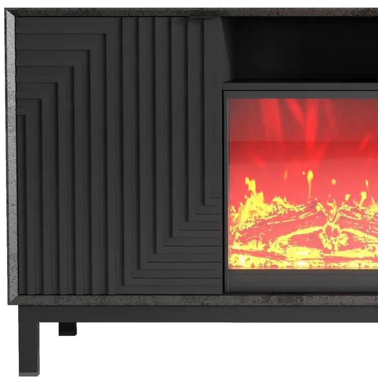 58" Black Ribbed Texture Wood Enclosed and Open Storage TV Stand With Fireplace