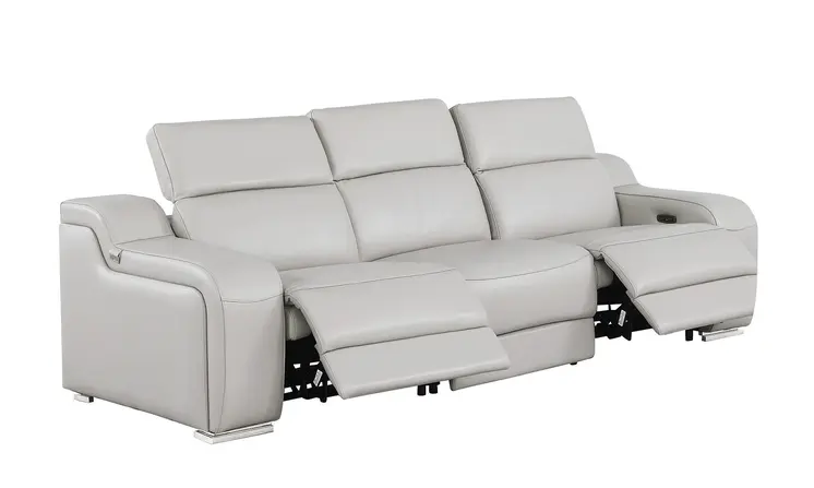103" Light Gray Italian Leather Reclining USB Sofa