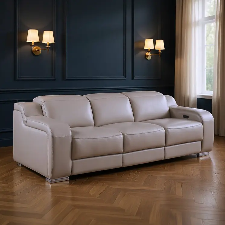 103" Light Gray Italian Leather Reclining USB Sofa