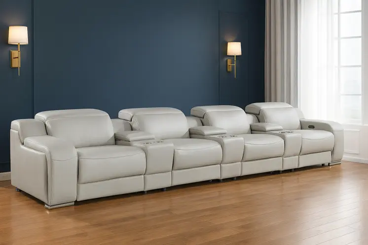 169" Light Gray Italian Leather Reclining USB Sofa