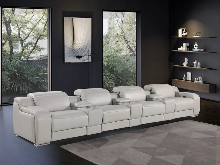 169" Light Gray Italian Leather Reclining USB Sofa