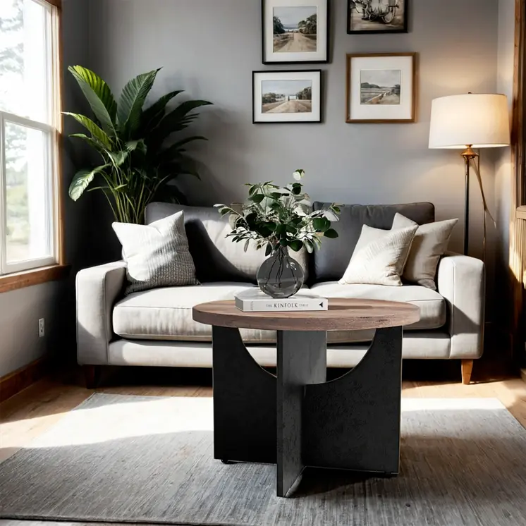 18" Light Brown and Black Wood Round Cross Legs End Table