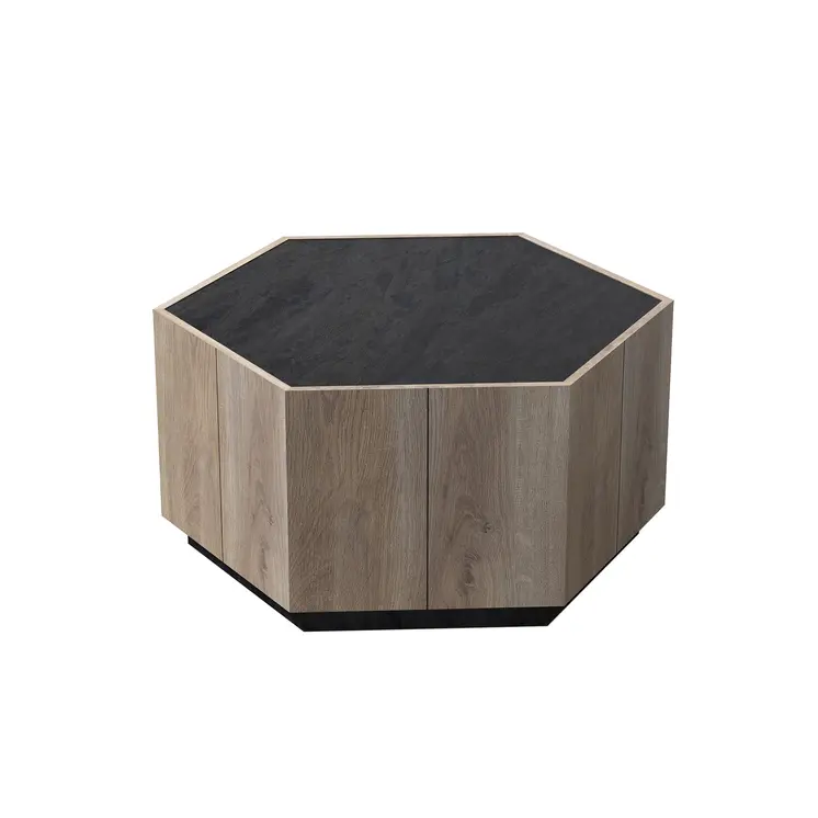 32" Black and Oak Wood Hexagon Coffee Table With Two Drawers