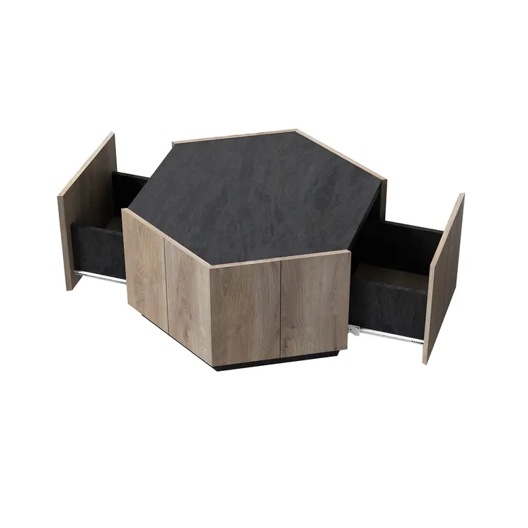 32" Black and Oak Wood Hexagon Coffee Table With Two Drawers