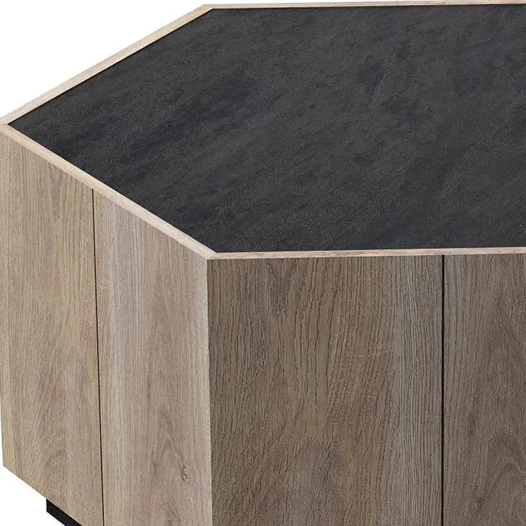 32" Black and Oak Wood Hexagon Coffee Table With Two Drawers