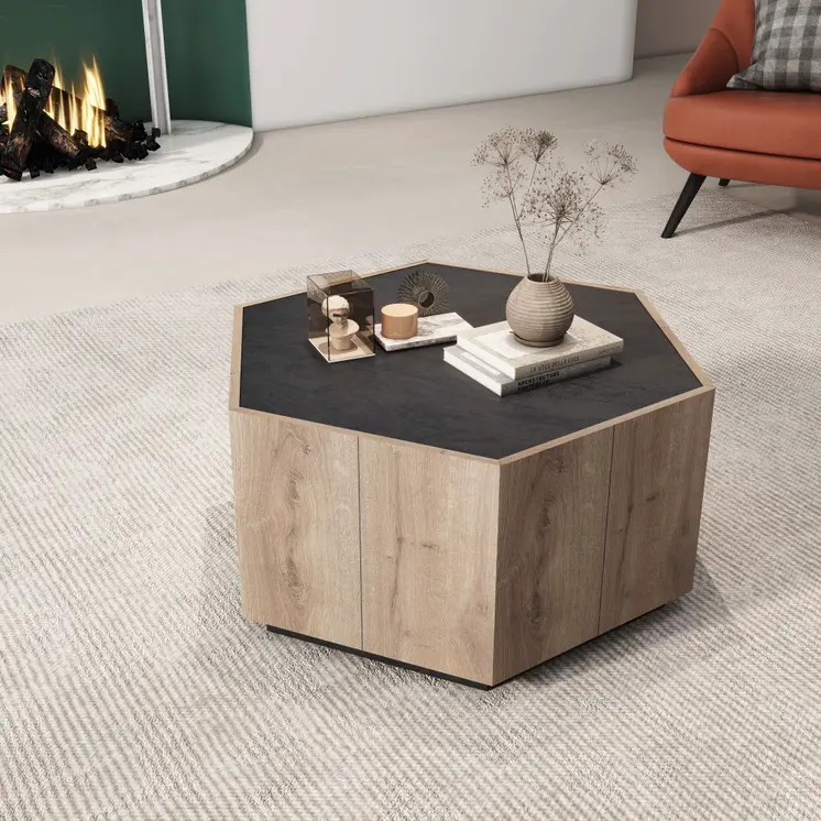 32" Black and Oak Wood Hexagon Coffee Table With Two Drawers