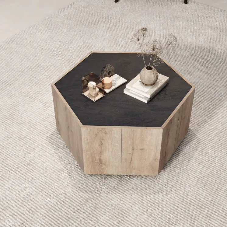 32" Black and Oak Wood Hexagon Coffee Table With Two Drawers