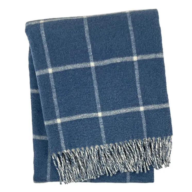 50" X 67" Denim Blue And White Cotton Blend Woven Plaid Throw Blanket with Fringe