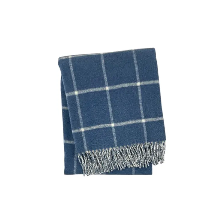 50" X 67" Denim Blue And White Cotton Blend Woven Plaid Throw Blanket with Fringe