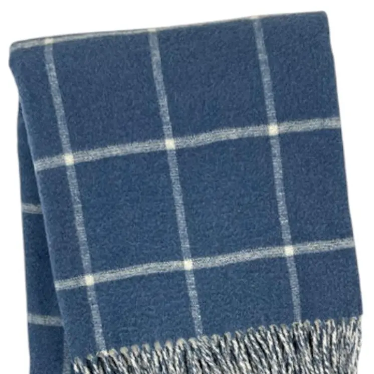 50" X 67" Denim Blue And White Cotton Blend Woven Plaid Throw Blanket with Fringe