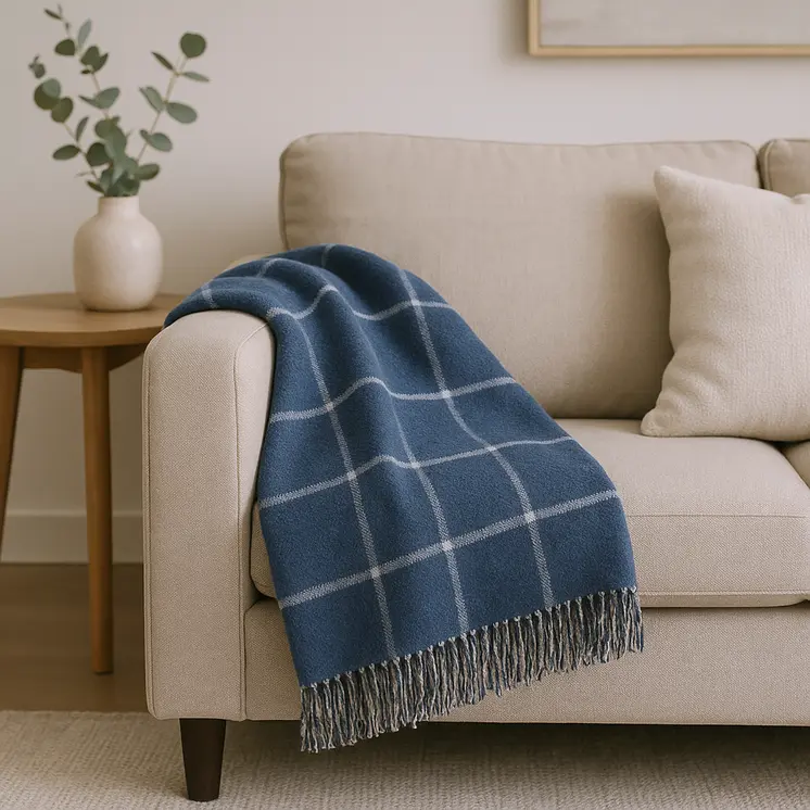 50" X 67" Denim Blue And White Cotton Blend Woven Plaid Throw Blanket with Fringe