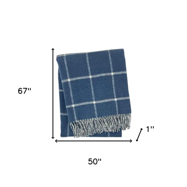 50" X 67" Denim Blue And White Cotton Blend Woven Plaid Throw Blanket with Fringe