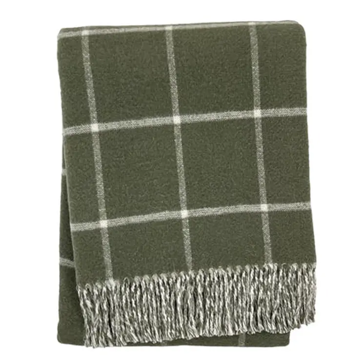 50" X 67" Olive Green And White Cotton Blend Woven Plaid Throw Blanket with Fringe