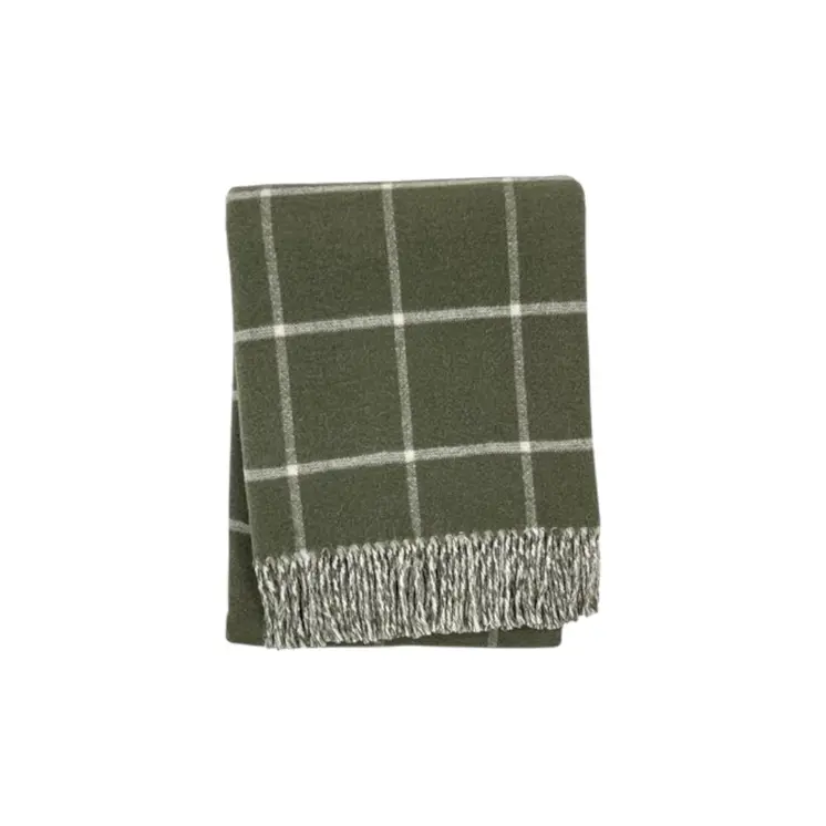 50" X 67" Olive Green And White Cotton Blend Woven Plaid Throw Blanket with Fringe