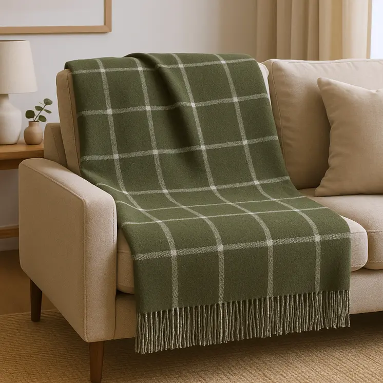 50" X 67" Olive Green And White Cotton Blend Woven Plaid Throw Blanket with Fringe