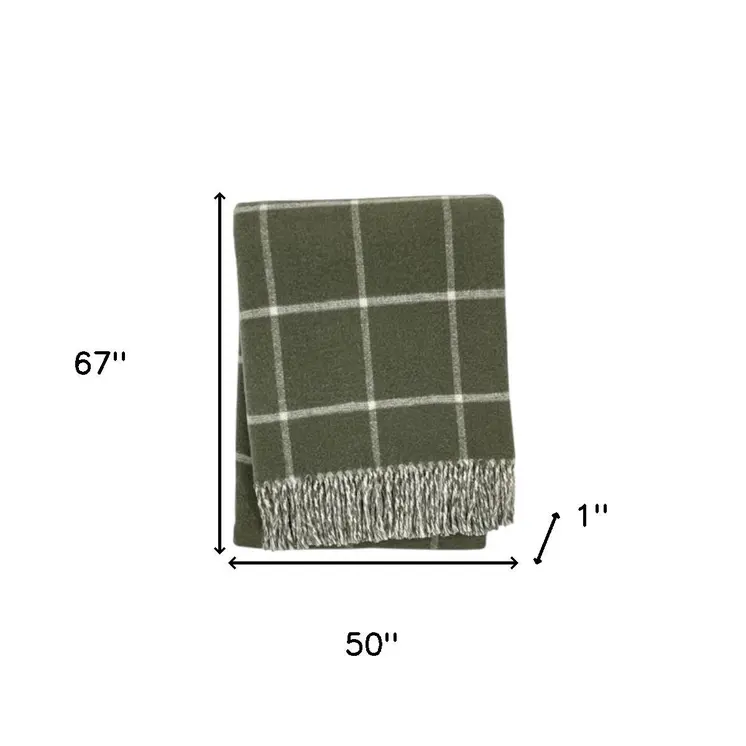 50" X 67" Olive Green And White Cotton Blend Woven Plaid Throw Blanket with Fringe