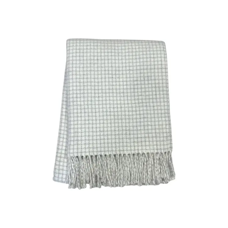 50" X 67" Cream And Light Gray Cotton Blend Woven Plaid Throw Blanket with Fringe