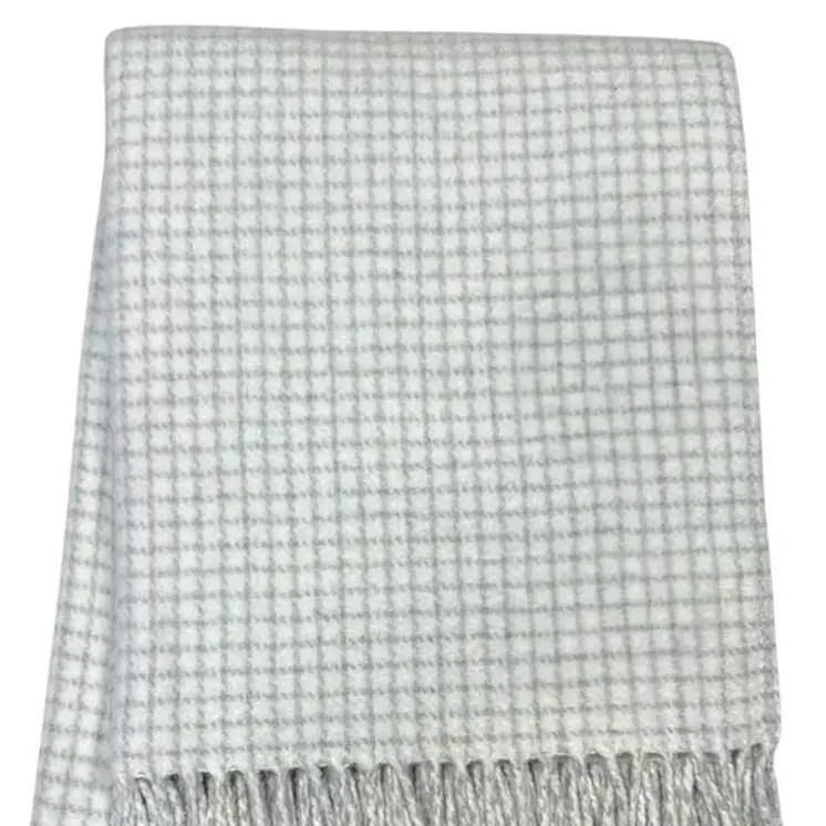 50" X 67" Cream And Light Gray Cotton Blend Woven Plaid Throw Blanket with Fringe