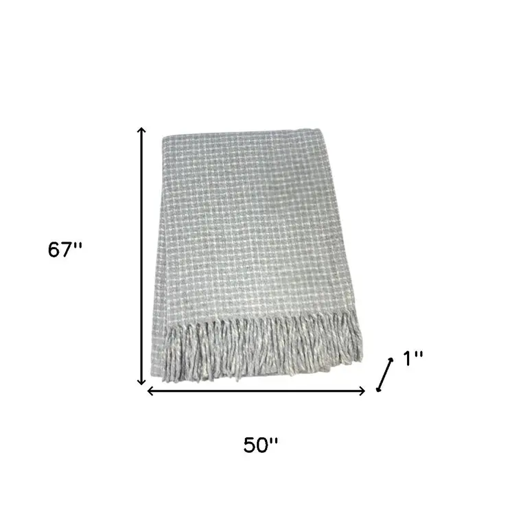 50" X 67" Light Gray And Cream Cotton Blend Woven Plaid Throw Blanket with Fringe