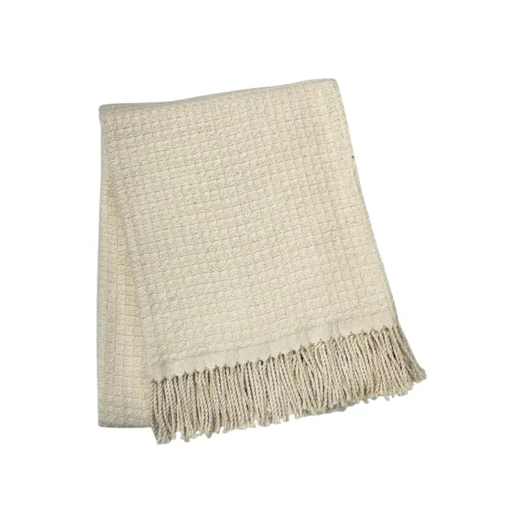 50" X 67" Cream Cotton Blend Woven Throw Blanket with Fringe