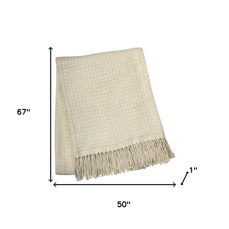 50" X 67" Cream Cotton Blend Woven Throw Blanket with Fringe