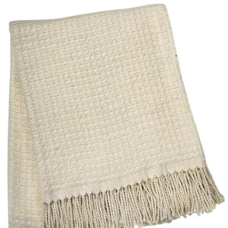 50" X 67" Cream Cotton Blend Woven Throw Blanket with Fringe
