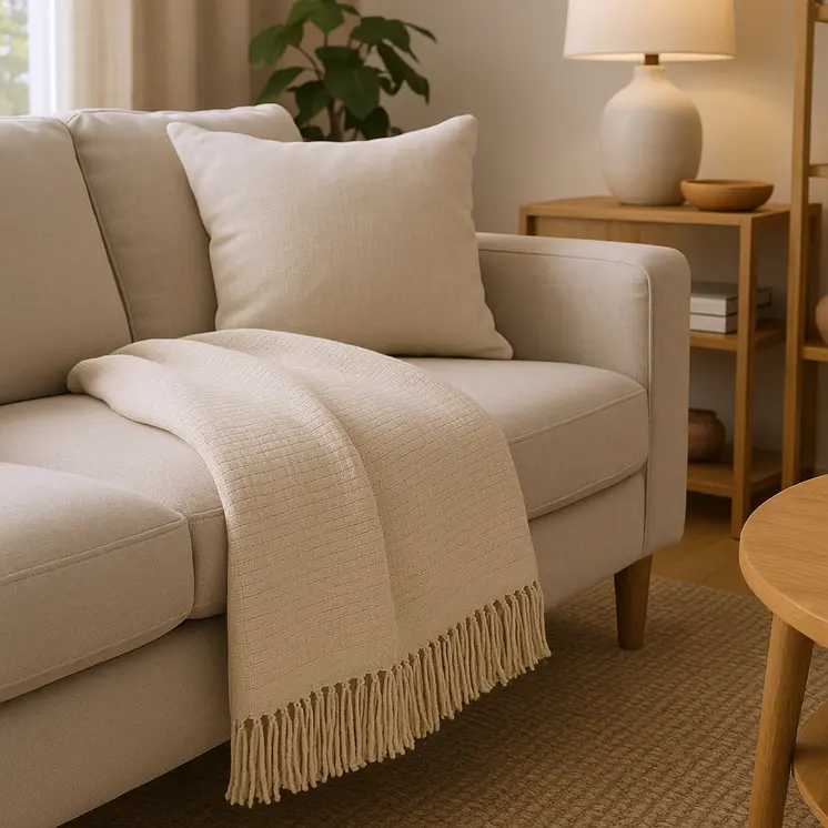 50" X 67" Cream Cotton Blend Woven Throw Blanket with Fringe