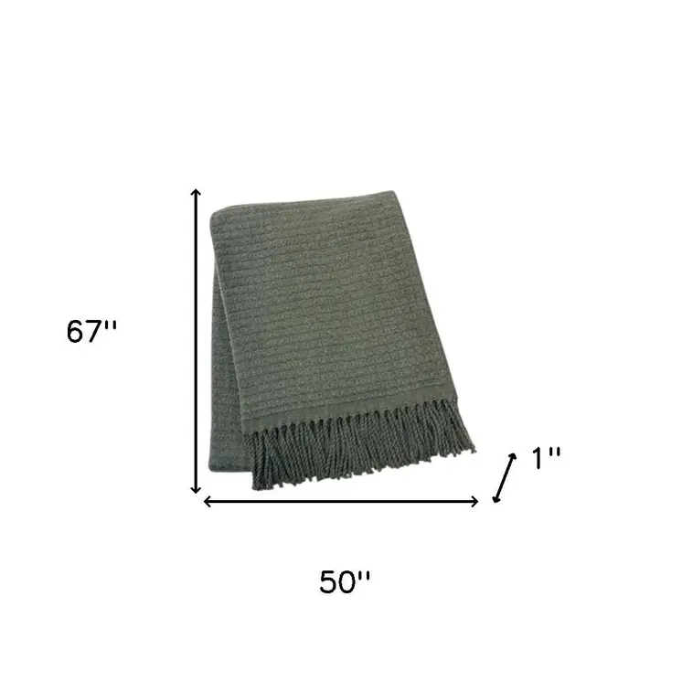 50" X 67" Olive Green Cotton Blend Woven Throw Blanket with Fringe