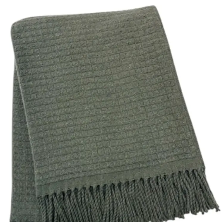 50" X 67" Olive Green Cotton Blend Woven Throw Blanket with Fringe