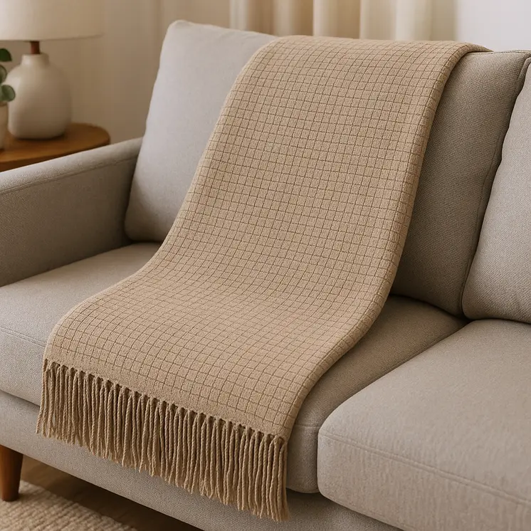 50" X 67" Sand Cotton Blend Woven Throw Blanket with Fringe