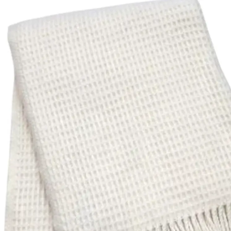 55" X 70" Cream Cotton Blend Waffle Weave Throw Blanket with Fringe