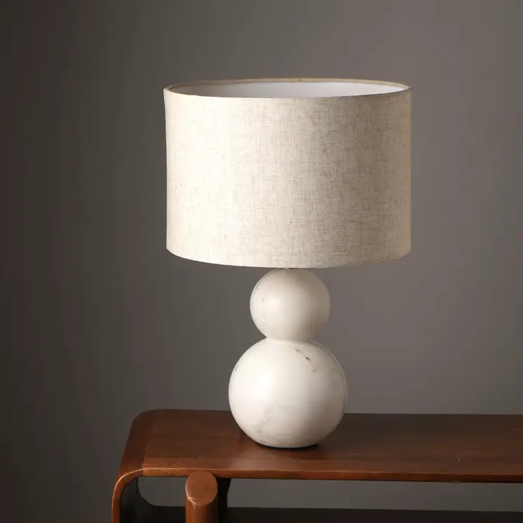 18" Distressed White Marble Round Table Lamp With White Drum Shade