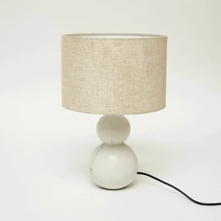18" Distressed White Marble Round Table Lamp With White Drum Shade