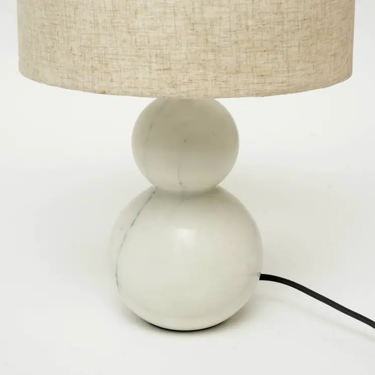 18" Distressed White Marble Round Table Lamp With White Drum Shade