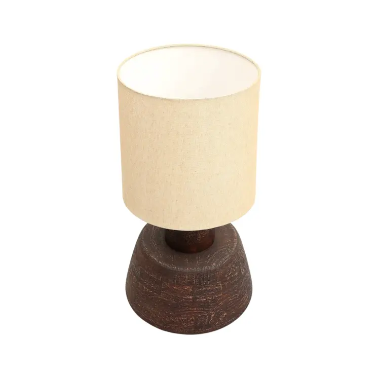 27" Distressed Brown Solid Wood Urn Table Lamp With Beige Drum Shade