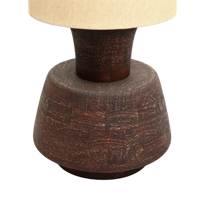 27" Distressed Brown Solid Wood Urn Table Lamp With Beige Drum Shade