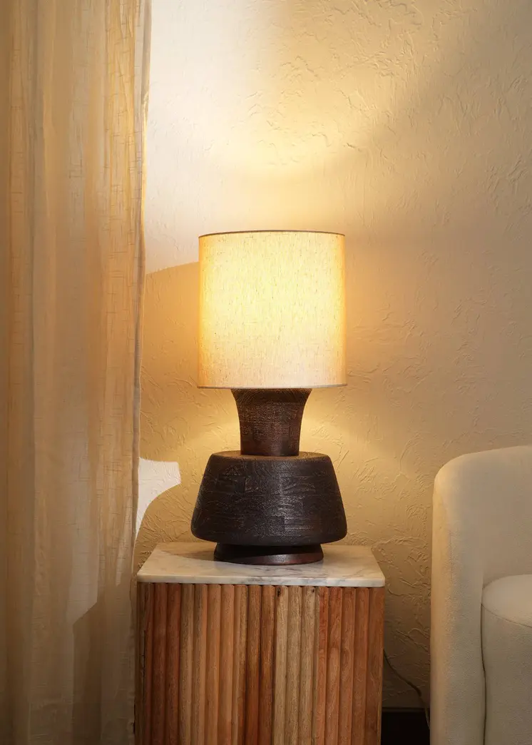 27" Distressed Brown Solid Wood Urn Table Lamp With Beige Drum Shade