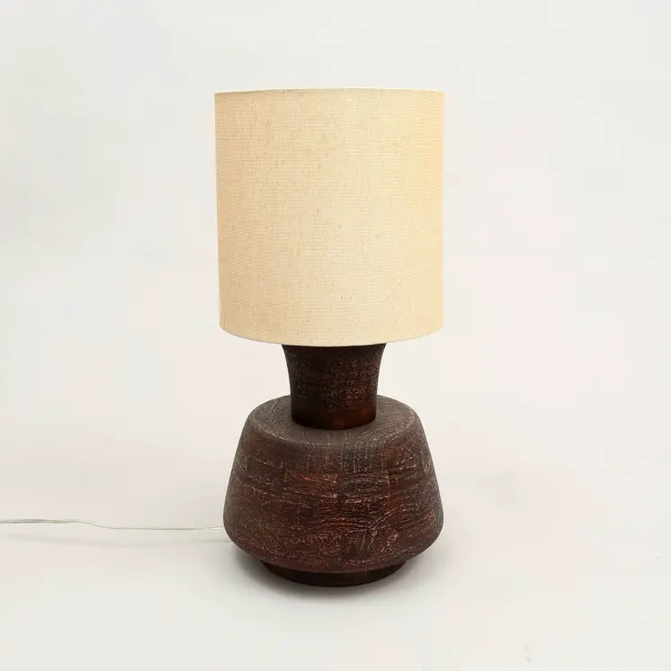 27" Distressed Brown Solid Wood Urn Table Lamp With Beige Drum Shade