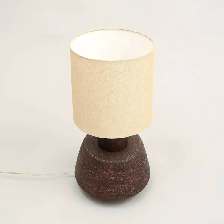 27" Distressed Brown Solid Wood Urn Table Lamp With Beige Drum Shade
