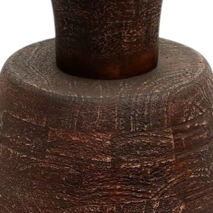 27" Distressed Brown Solid Wood Urn Table Lamp With Beige Drum Shade