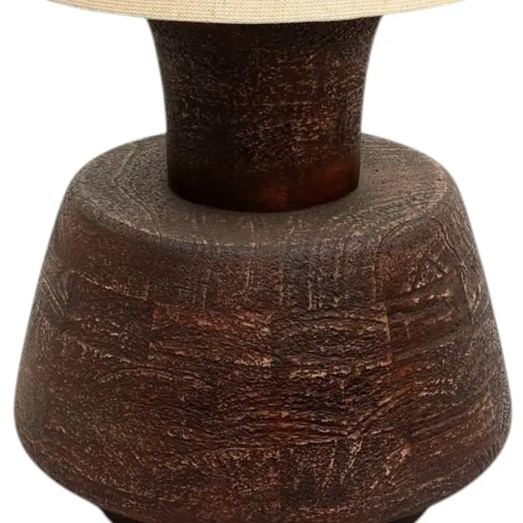 27" Distressed Brown Solid Wood Urn Table Lamp With Beige Drum Shade