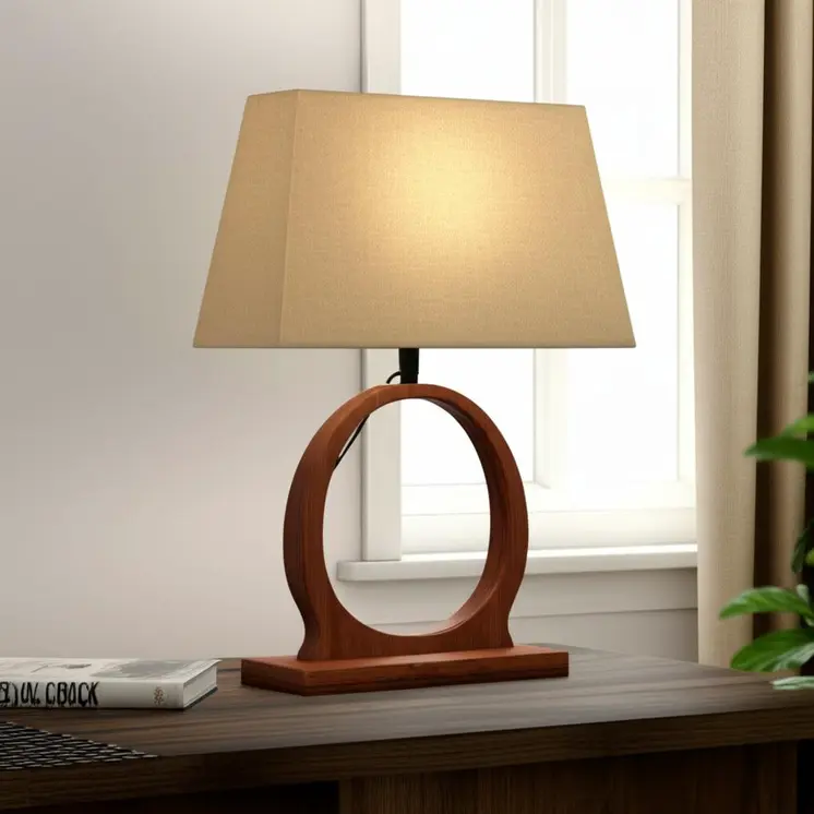 21" Distressed Brown Solid Wood Geometric Table Lamp With Beige Drum Shade