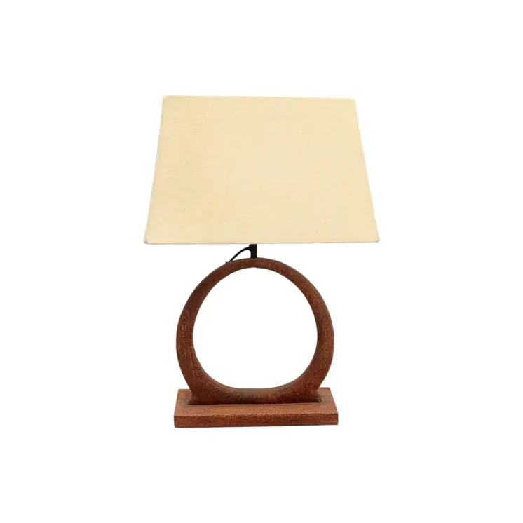 21" Distressed Brown Solid Wood Geometric Table Lamp With Beige Drum Shade