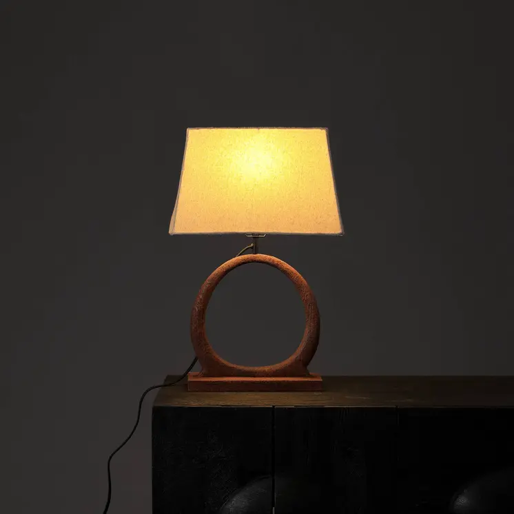 21" Distressed Brown Solid Wood Geometric Table Lamp With Beige Drum Shade