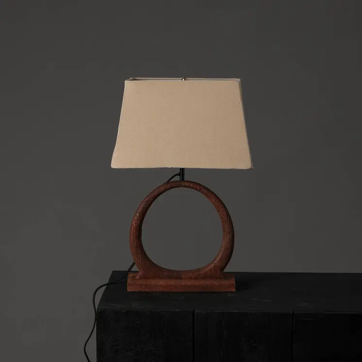 21" Distressed Brown Solid Wood Geometric Table Lamp With Beige Drum Shade