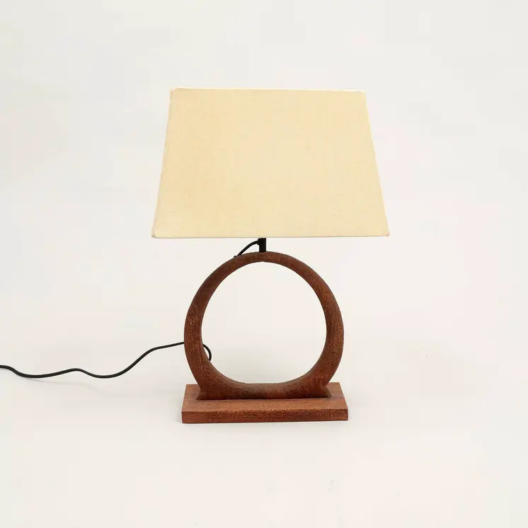 21" Distressed Brown Solid Wood Geometric Table Lamp With Beige Drum Shade