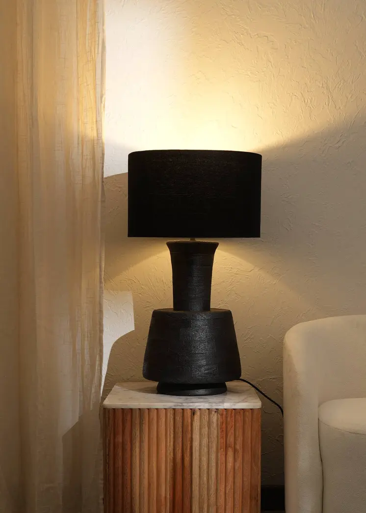 29" Distressed Black Solid Wood Urn Table Lamp With Black Drum Shade
